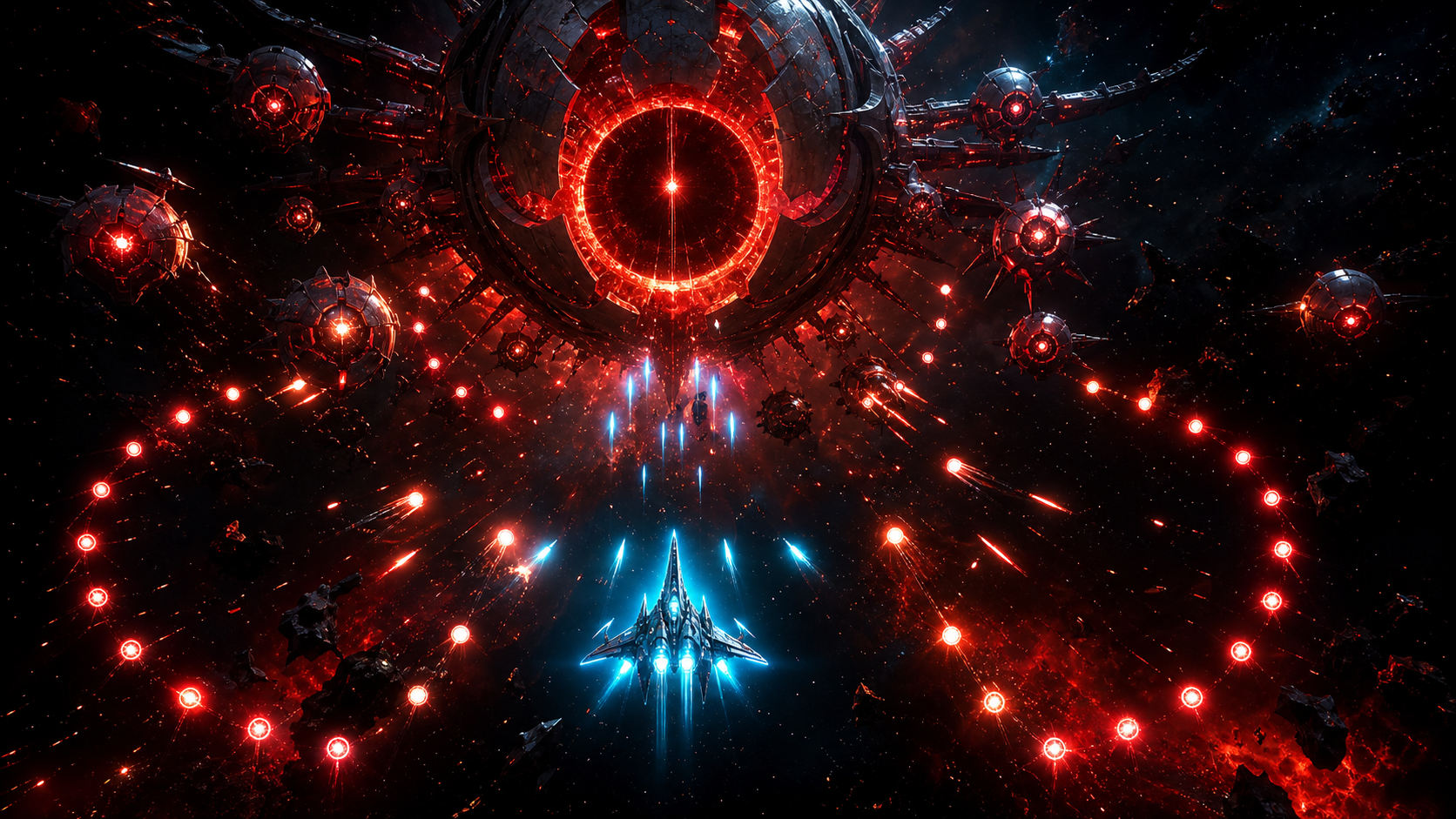 Nova Swarm boss fight with a colossal red boss core