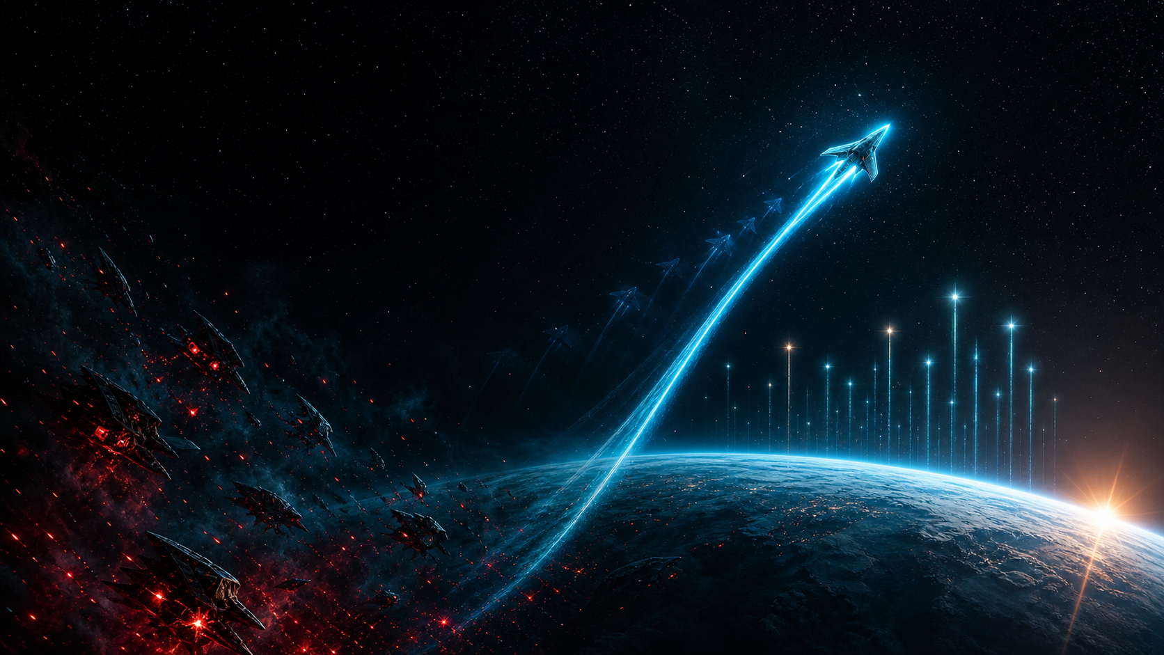A Nova Swarm ship streaking above a planet after defeating the swarm