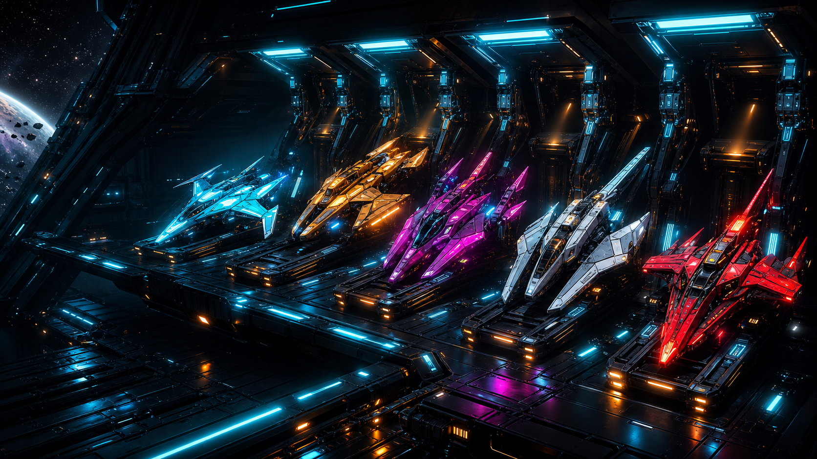 Nova Swarm unlockable ships in an orbital hangar